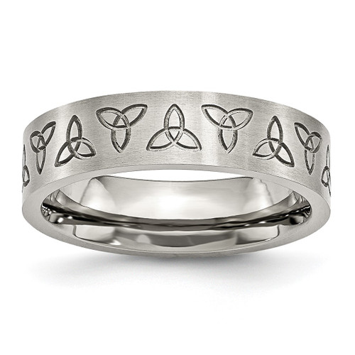 Chisel Stainless Steel Brushed with Engraved Trinity Symbol 6 mm Wedding Band, Flat