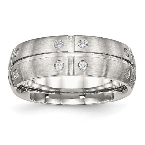 Stainless Steel Brushed and Grooved with Cubic Zirconia 8 mm Half Round Wedding Band