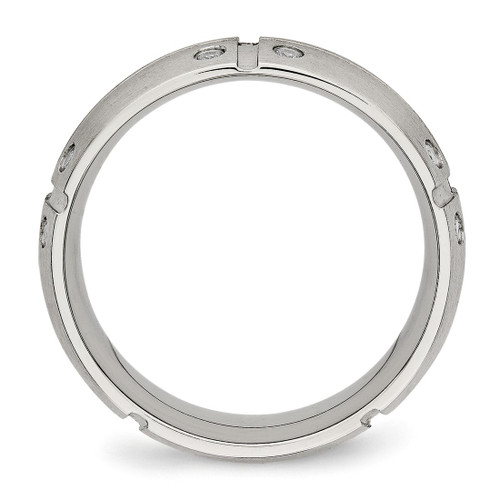 Stainless Steel Brushed and Grooved with Cubic Zirconia 8 mm Half Round Wedding Band - View 2