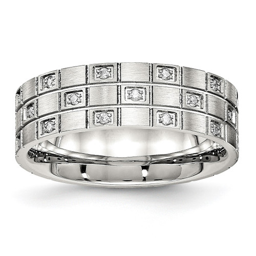 Stainless Steel Brushed with Cubic Zirconia 7 mm Grooved Wedding Band