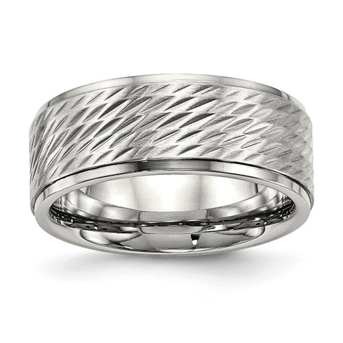 Stainless Steel Polished Brushed Center Diamond-Cut 9 mm Ridged Edge Wedding Band