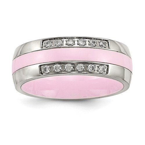 Stainless Steel Polished Pink Ceramic Cubic Zirconia Ring, 7 mm