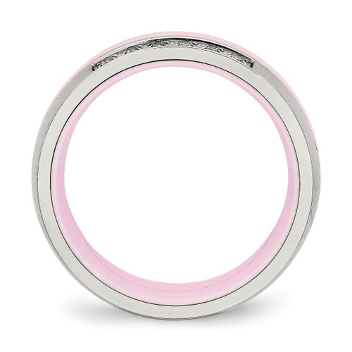 Stainless Steel Polished Pink Ceramic Cubic Zirconia Ring, 7 mm - View 2