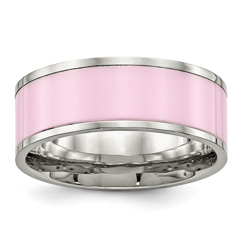 Chisel Stainless Steel Polished Pink Ceramic 7.5 mm Wedding Band, Flat
