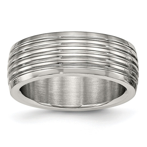 Stainless Steel Polished 8 mm Grooved Wedding Band, 8 mm Band - SR581