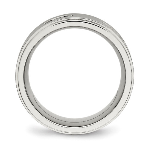 Stainless Steel Polished with Brushed Center Black Cubic Zirconia 9 mm Ridged Edge Wedding Band - View 2