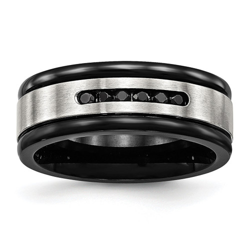 Chisel Stainless Steel Brushed and Polished Black Ion-Plated and Black Cubic Zirconia 8 mm Grooved Wedding Band
