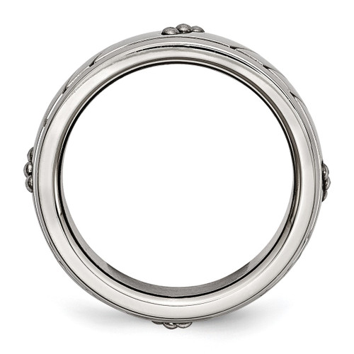 Stainless Steel Polished Beaded and Grooved 8 mm Wedding Band - View 2