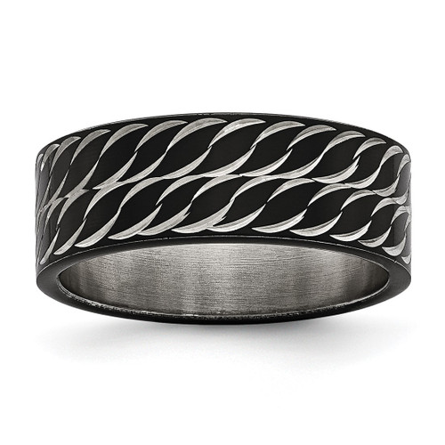 Chisel Stainless Steel Polished Black Ion-Plated Diamond-Cut 8 mm Wedding Band, Flat