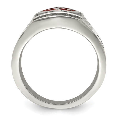 Chisel Stainless Steel Antiqued and Polished with Red Enamel Cross and Shield Ring - View 2