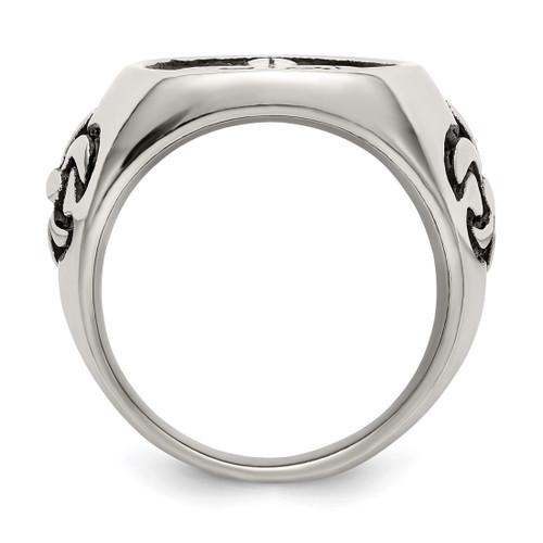 Chisel Stainless Steel Antiqued and Polished Fleur De Lis Cross Ring - View 2