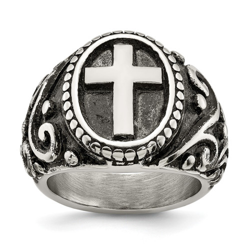 Chisel Stainless Steel Antiqued and Polished Cross Ring