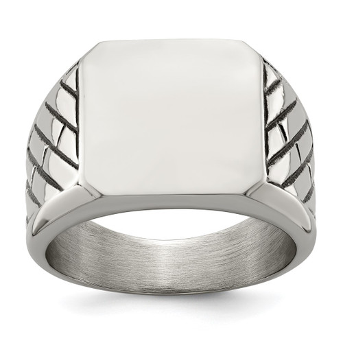 Chisel Stainless Steel Polished with Black Enamel Signet Ring, 14.5 mm Top Length, 14.5 mm Top Width, Textured