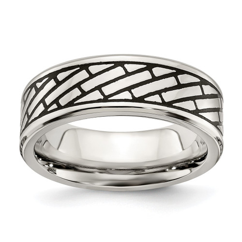 Chisel Stainless Steel Antiqued and Polished Brick Pattern 7.5 mm Wedding Band