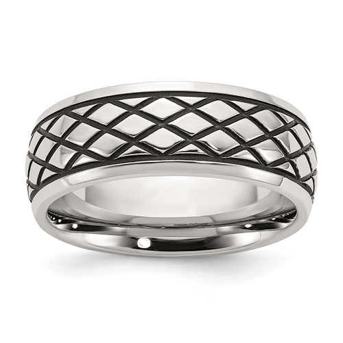 Chisel Stainless Steel Antiqued and Polished Checkered Pattern 8 mm Wedding Band