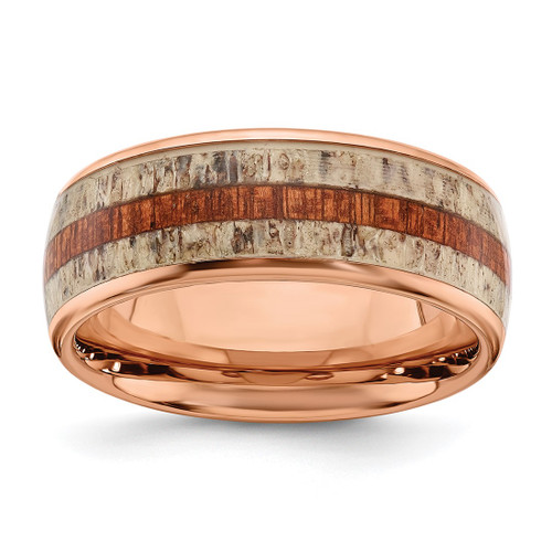 Chisel Stainless Steel Polished Rose Ion-Plated with Wood and Antler Inlay 8 mm Wedding Band, Half Round