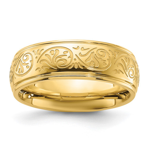 Chisel Stainless Steel Polished Yellow Ion-Plated Etched Design Ridged Edge 7.5 mm Wedding Band, Domed