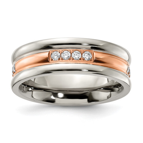 Chisel Stainless Steel Polished Rose Ion-Plated with Cubic Zirconia 7.00 mm Band Ring