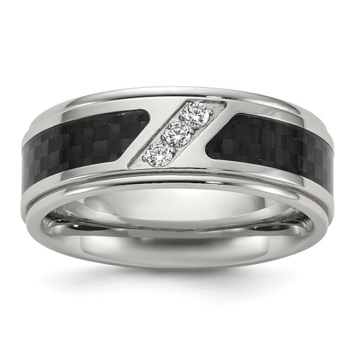 Chisel Stainless Steel Polished with Black Carbon Fiber Inlay and Cubic Zirconia 8 mm Band Ring