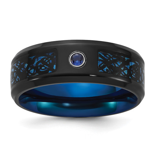 Chisel Stainless Steel Polished Black and Blue Ion-Plated with Cubic Zirconia Carbon Fiber Inlay in Clear Epoxy 8 mm Band Ring