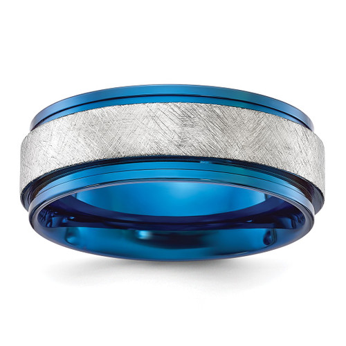 Chisel Stainless Steel Polished Blue Ion-Plated with Scratch Finish Center 8 mm Wedding Band