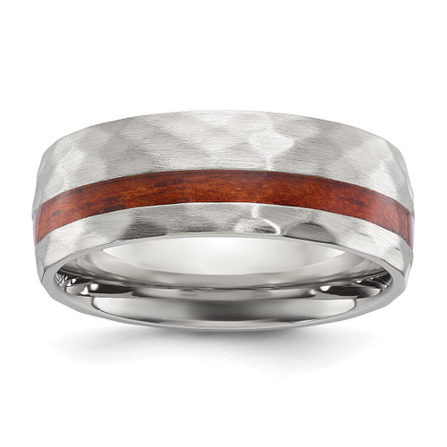 Chisel Stainless Steel Brushed and Hammered with Wood Inlay 8 mm Wedding Band