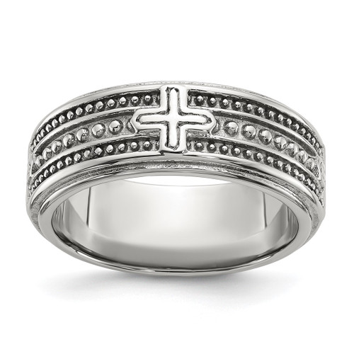 Chisel Stainless Steel Polished Cross 7.7 mm Grooved and Beaded Wedding Band