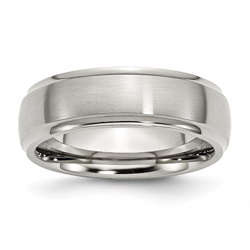 Chisel Stainless Steel Polished with Brushed Center 7 mm Ridged Edge Wedding Band, Domed