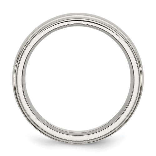 Chisel Stainless Steel Polished with Brushed Center 7 mm Ridged Edge Wedding Band, Domed - View 2