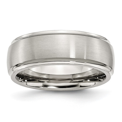 Chisel Stainless Steel Polished with Brushed Center 8 mm Ridged Edge Wedding Band, Domed