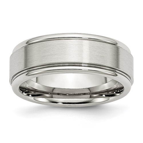 Chisel Stainless Steel Polished with Brushed Center 8 mm Ridged Edge Wedding Band, Flat