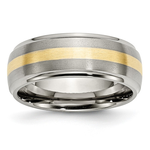 Chisel Titanium Brushed Center with 14K Gold Inlay 8 mm Ridged Edge Wedding Band, Domed