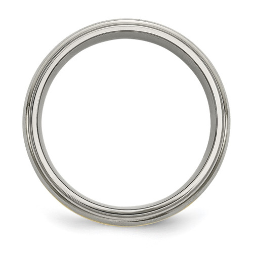 Chisel Titanium Brushed Center with 14K Gold Inlay 8 mm Ridged Edge Wedding Band, Domed - View 2