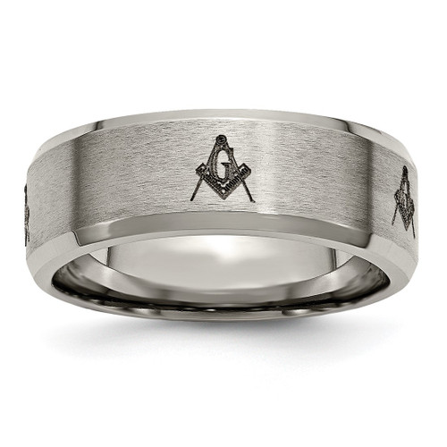 Chisel Titanium Brushed and Polished Masonic Laser Design 8 mm Beveled Edge Wedding Band, Flat