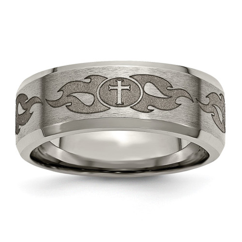 Chisel Titanium Brushed and Polished Cross Laser Design 8 mm Beveled Edge Wedding Band, Flat - TB115S