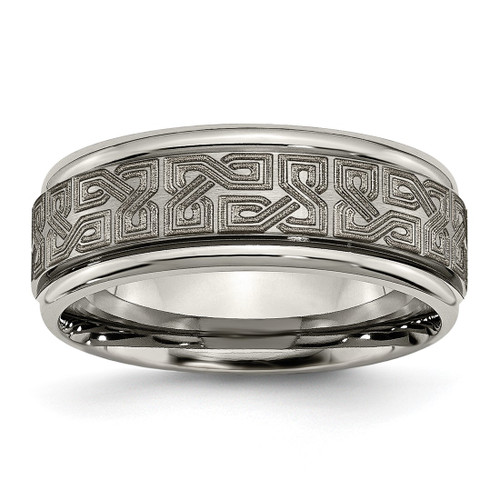 Chisel Titanium Brushed and Polished Laser Design 8 mm Ridged Edge Wedding Band