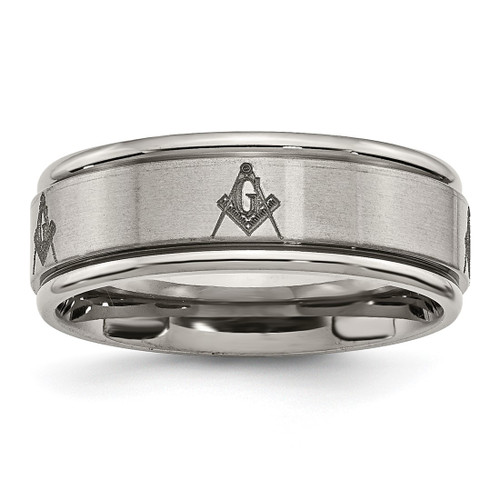 Chisel Titanium Brushed and Polished Masonic Laser Design 8 mm Ridged Edge Wedding Band
