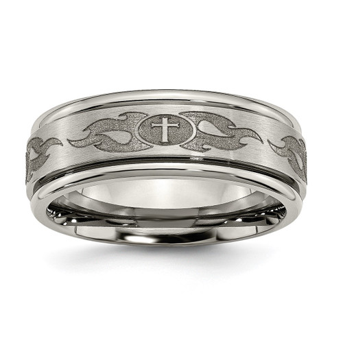 Chisel Titanium Brushed and Polished Cross Laser Design 8 mm Ridged Edge Wedding Band - TB11S