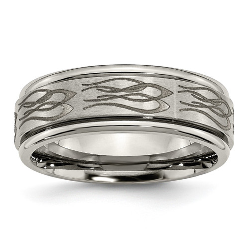 Chisel Titanium Brushed and Polished Flame Laser Design 8 mm Ridged Edge Wedding Band
