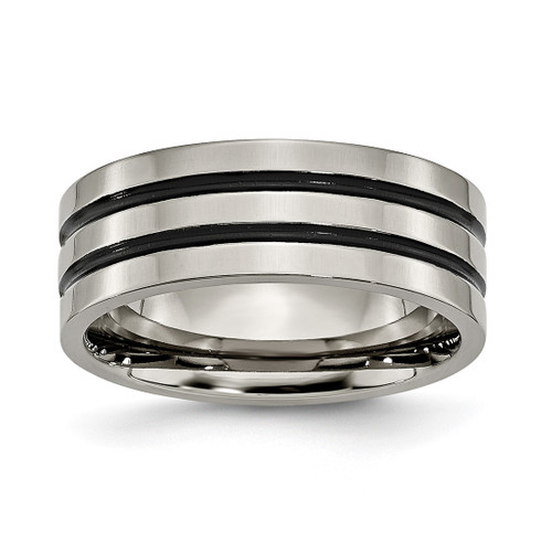 Chisel Titanium Polished Black Enamel Grooved 8 mm Flat Wedding Band