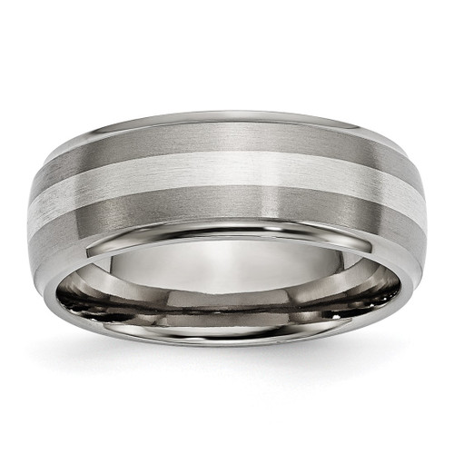 Chisel Titanium Brushed and Polished with Sterling Silver Inlay 8 mm Ridged Edge Wedding Band, Domed