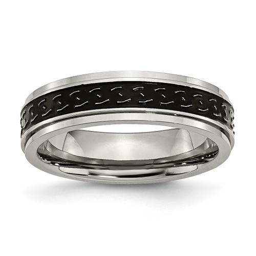 Chisel Titanium Polished Black Enamel Braid Design 6 mm Ridged Edge Wedding Band, Flat