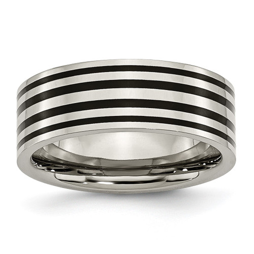 Chisel Titanium Polished Black Enamel Striped 8 mm Flat Wedding Band