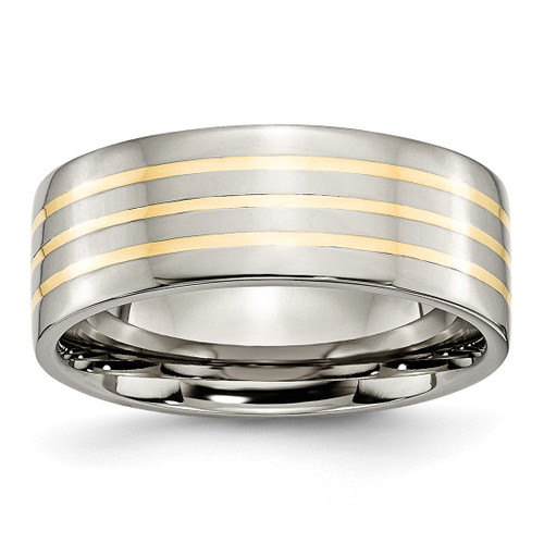 Chisel Titanium Polished with 14K Gold Inlay 8 mm Flat Wedding Band - TB227