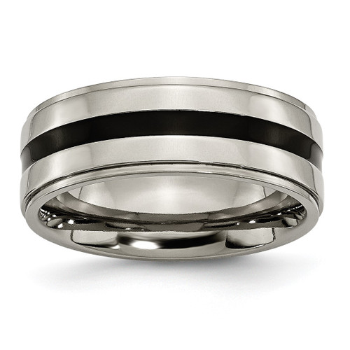 Chisel Titanium Polished Black Enamel 8 mm Ridged Edge Wedding Band, Flat