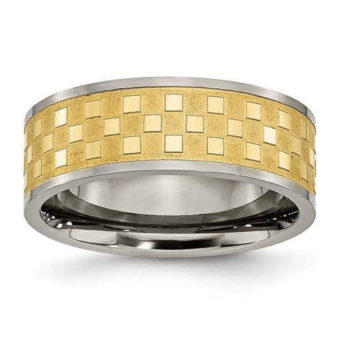 Titanium 8 mm Yellow Ion-Plated Satin and Polished Checkered Wedding Band
