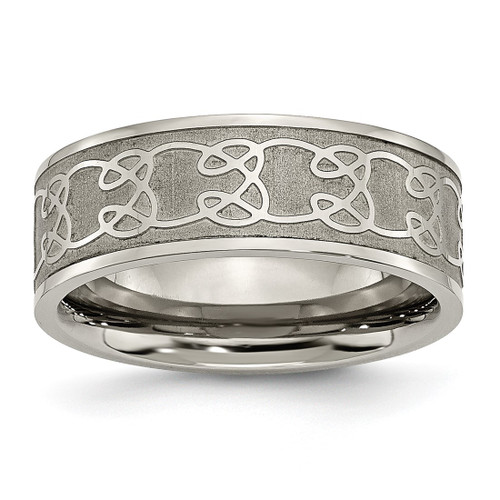 Chisel Titanium Brushed Center 8 mm Scroll Design Wedding Band, Flat