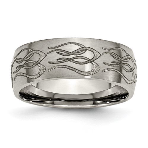 Chisel Titanium Brushed Flame Laser Design 8 mm Wedding Band, Half Round