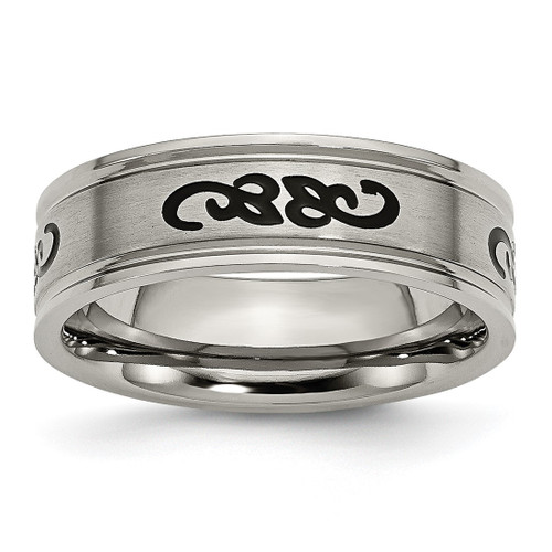 Chisel Titanium Brushed with Black Rubber Design 7 mm Ridged Edge Wedding Band, Flat