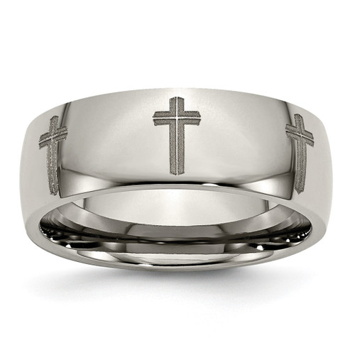 Chisel Titanium Polished Cross Laser Design 8 mm Wedding Band, Half Round - TB2D